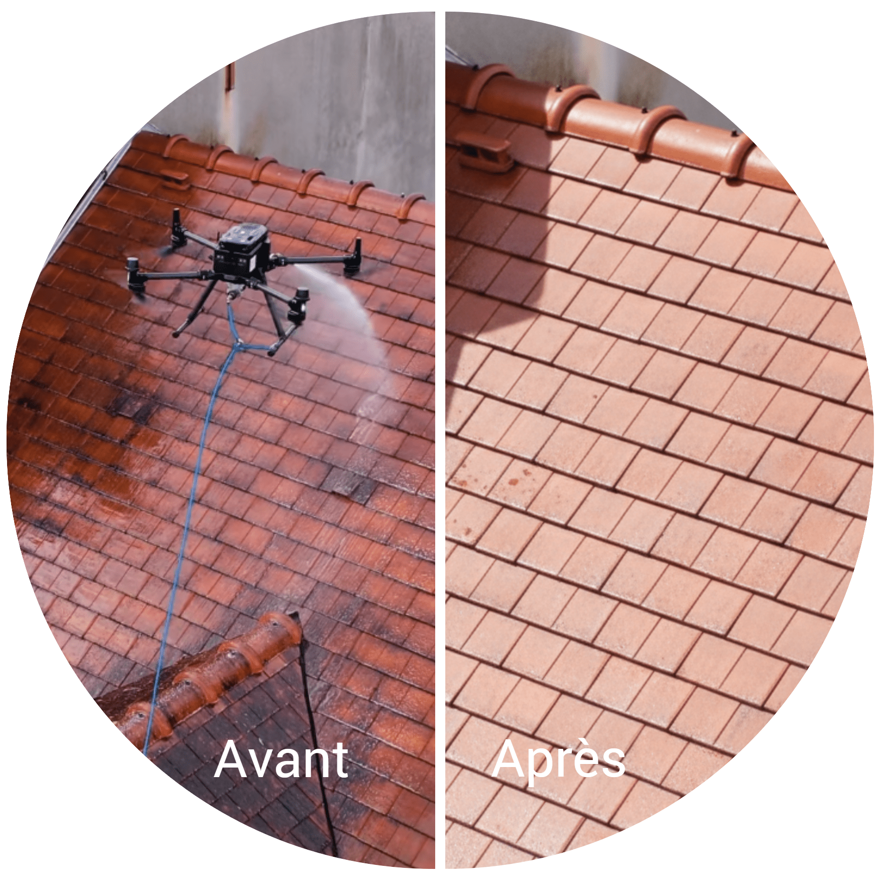 Comparatif avant après nettoyage par drone de toiture : élimination des mousses et traces de pollution sur tuiles.
